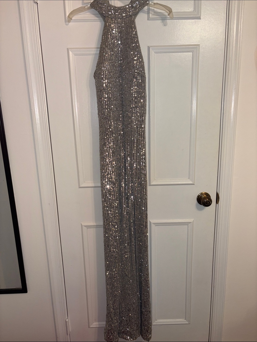 GB girls Silver Sequin High-Neck Prom Gown